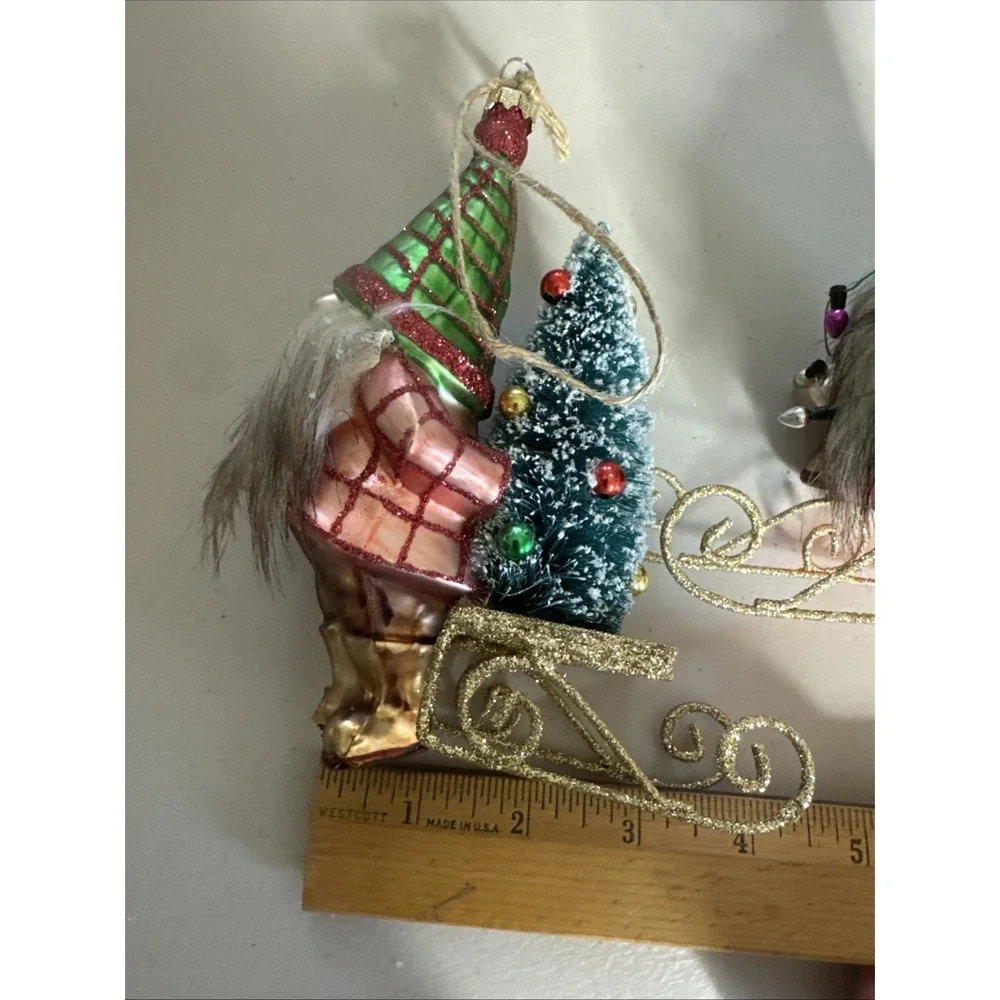 POTTERY BARN - New Mercury Glass GNOME Ornament Sled Faux Fur Beard - Set Of 2